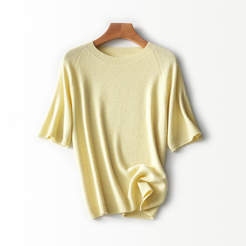 Seamless Sequin Yarn Round Neck Mid-Sleeve Knit Sweater 100% Wool Slim Fit Base Layer Solid Color Sweater for Women Spring and Autumn Inner Wear
