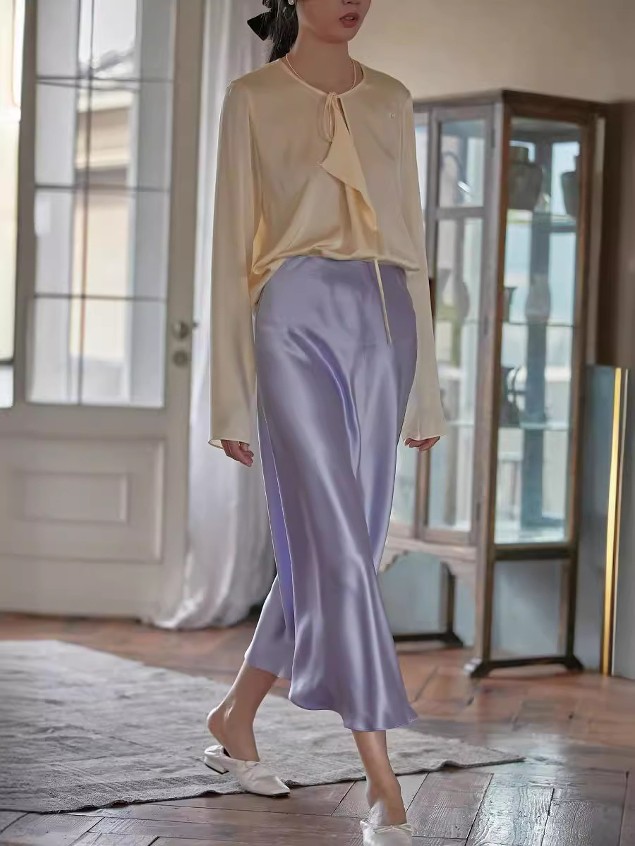 80S-Style Long Acetate Satin Fishtail Skirt for Petite Women, Spring/Summer Thin Elastic Waist A-Line Skirt