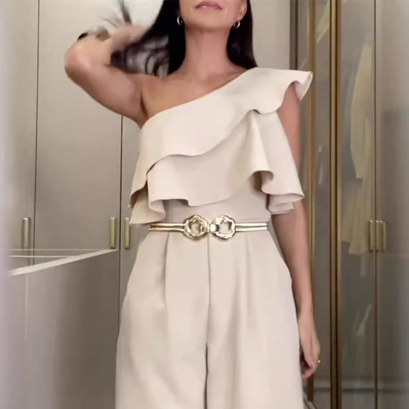 2024 Amazon Europe and the United States new apricot shoulder ruffled slim jumpsuit-no belt required
