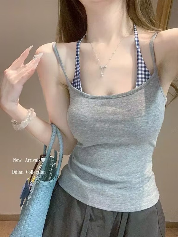 灰色假两件挂脖吊带背心女夏季外穿带胸垫辣妹风修身短款无袖上衣|undefined