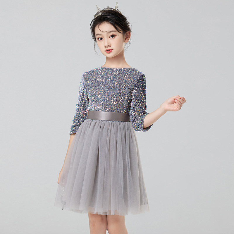 Vestidos para niños, vestidos de princesa de alta gama para niñas, vestidos de interpretación de piano gris, vestidos cortos de manga larga para niños