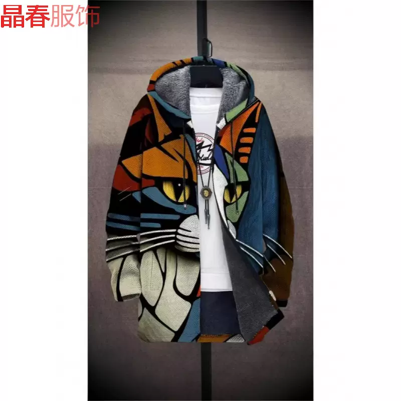 男士跨境外套冬季印花毛绒内衬加厚防风夹克长袖拉链时尚连帽宽松