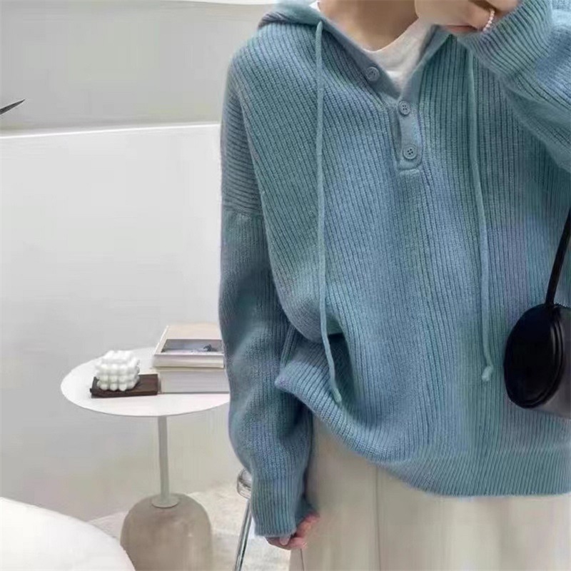 Suéter de mujer invierno / otoño abrigo temperamento de alto nivel japonés / coreano relajado chaqueta de viento con correa de correa variada camisa de punto con capuz image 8