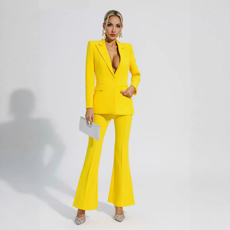 2025 Spot European and American Amazon Fast Fashion Solid Yellow Casual Slim Fit Trumpet Long-Sleeved Pants Suit