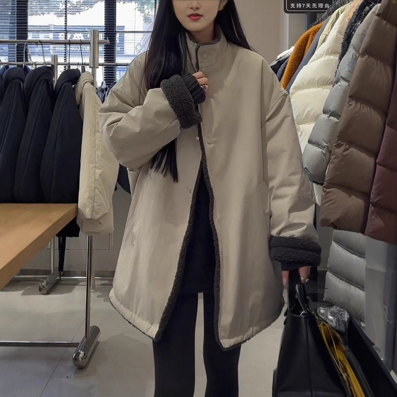 Stand Collar Lamb Wool Splicing Thickened Mid-Length Jacket for Women 2025 Autumn and Winter Parka Thickened Cotton Coat Trendy