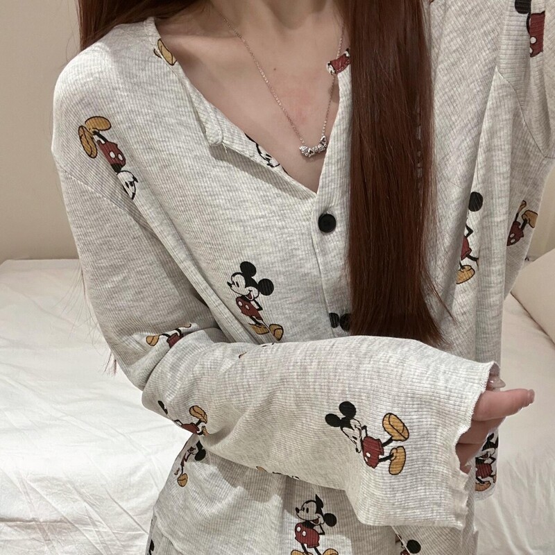 Live Explosions Japanese Mickey Ice Silk Thread Pajamas Women's Spring and Autumn Korean-style Long Sleeve Pants Home Clothes Two-piece Set