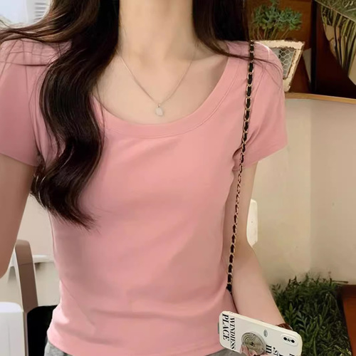 Basic U-neck T-shirt women's clothing solid color simple base summer slimming versatile short sleeve hooded top 