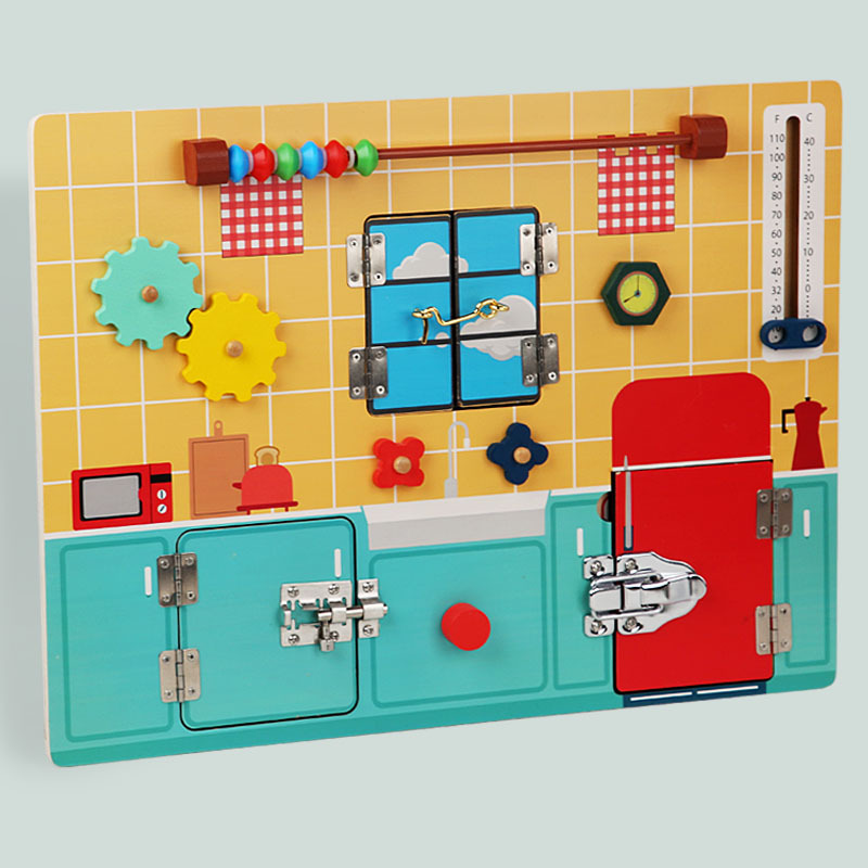 Wooden Montessori Kitchen Busy Board Children's Educational Montessori Teaching Aids Lock Opening Busy Block Toys