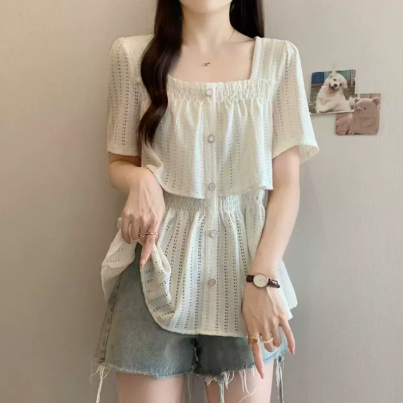 Летняя рубашка большого размера, французский стиль, квадратный вырез, с коротким рукавом, приталенная