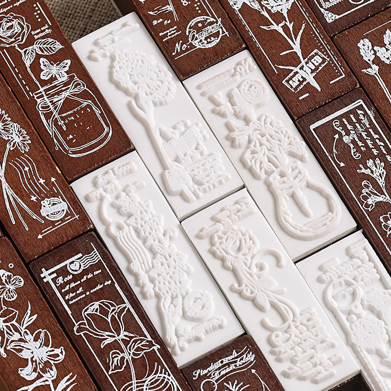 Flores de madera sello de tela de mano madera de caucho planta de hierba flor de tela de mano sello retro flor sello