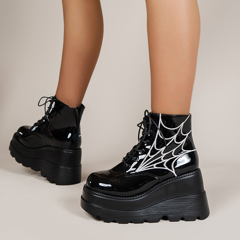 Women's Shoes thick soled large size short boots for women in autumn new platform sole lace up printed leather boots _voghion.com