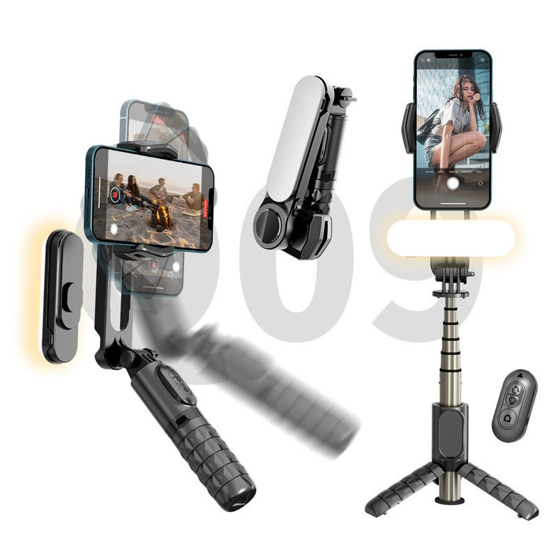 Handheld Stabilizer Q09, Bluetooth Remote, Foldable Tripod & LED Fill Light, Desktop & Live