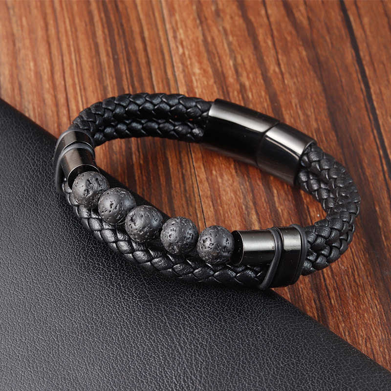 1 Piece Quantity Retro Classic Style Pu Leather Volcanic Rock Titanium Steel Geometric Woven Chain Men Cord & Leather Bracelets