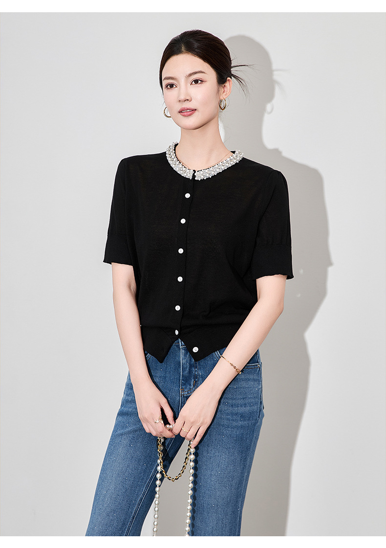 Áo len dệt kim ngắn tay cổ tròn đính cườm phong cách Pháp — đen chi tiết 10