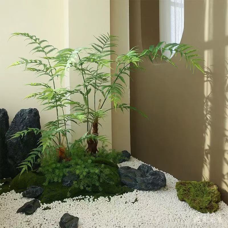 模擬緑の植物、ゴールデンシルクヘッドシダ、鉢植え、中国風の芸術的インスピレーション、リビングルーム、偽の緑の植物、装飾、造園、禅の装飾品|undefined