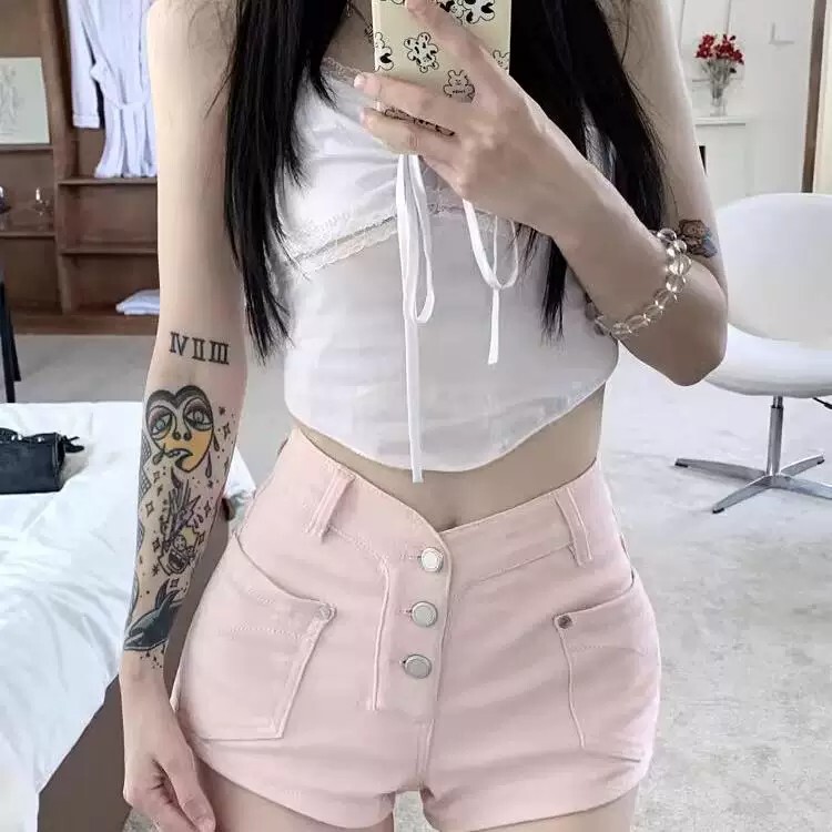 Pink Workwear Denim Shorts for Women, Summer Hot Pants for Petite Figures, Sexy Waist-Slimming Elastic Straight Wide-Leg Pants