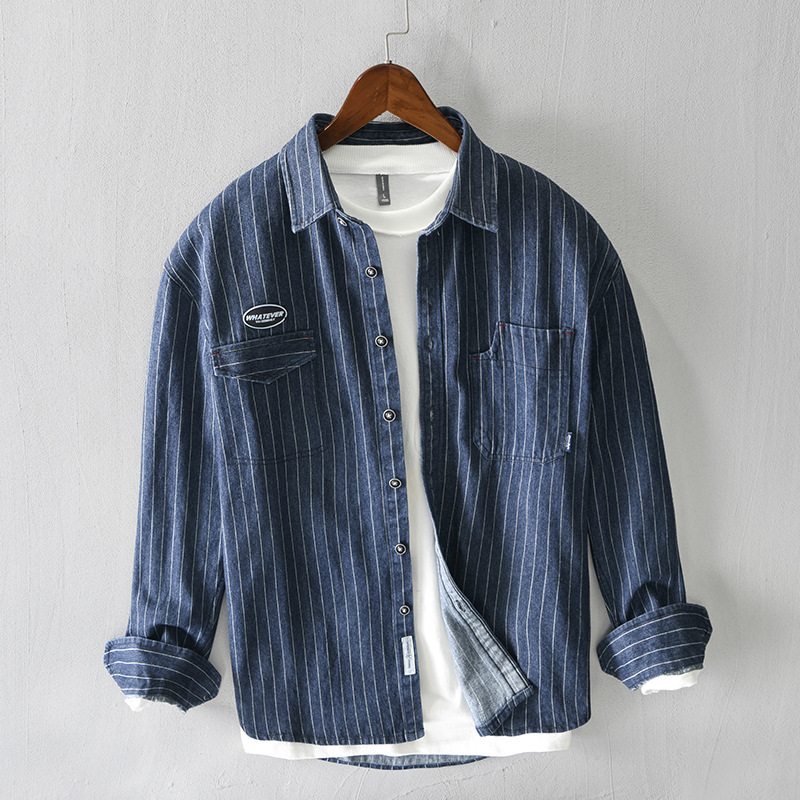 2022 Japanese Style Retro Men's Spring and Autumn New Striped Casual Shirt Jacket American Style Workwear Lined Thin Shirt