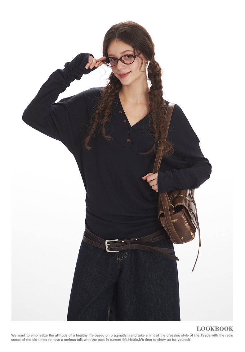 HeyHenry Women's V Neck Slim Fit Long Sleeve T-Shirt Designer Fashion for Autumn Suitable for Inner Layers_ecoleips.com