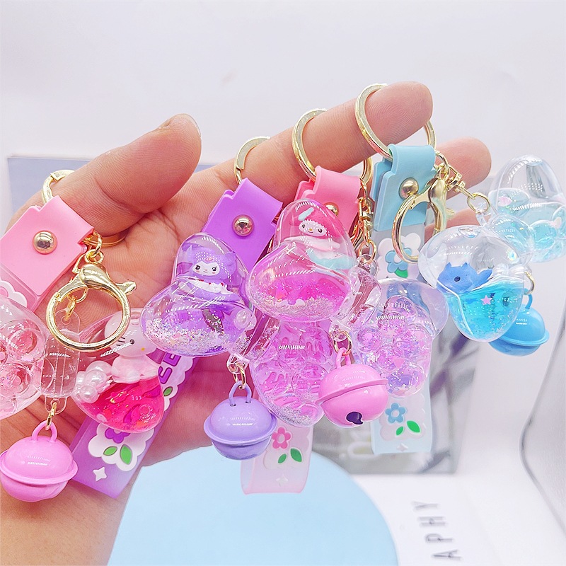 New Oil Floating Cartoon Wind Chime Quicksand Bow Keychain Personalized Trendyy Bag Pendant Car Pendant