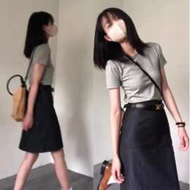 梨形身材深色牛仔半身裙女夏薄款大码胖高腰小个子遮胯字短裙