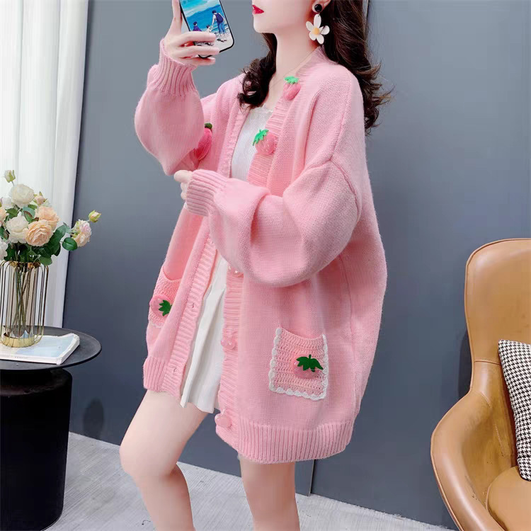 Sweet Age-reducing Three-dimensional Strawberry V-neck Sweater Cardigan Women's 2024 New Autumn Loose Lazy Style Knitted Jacket