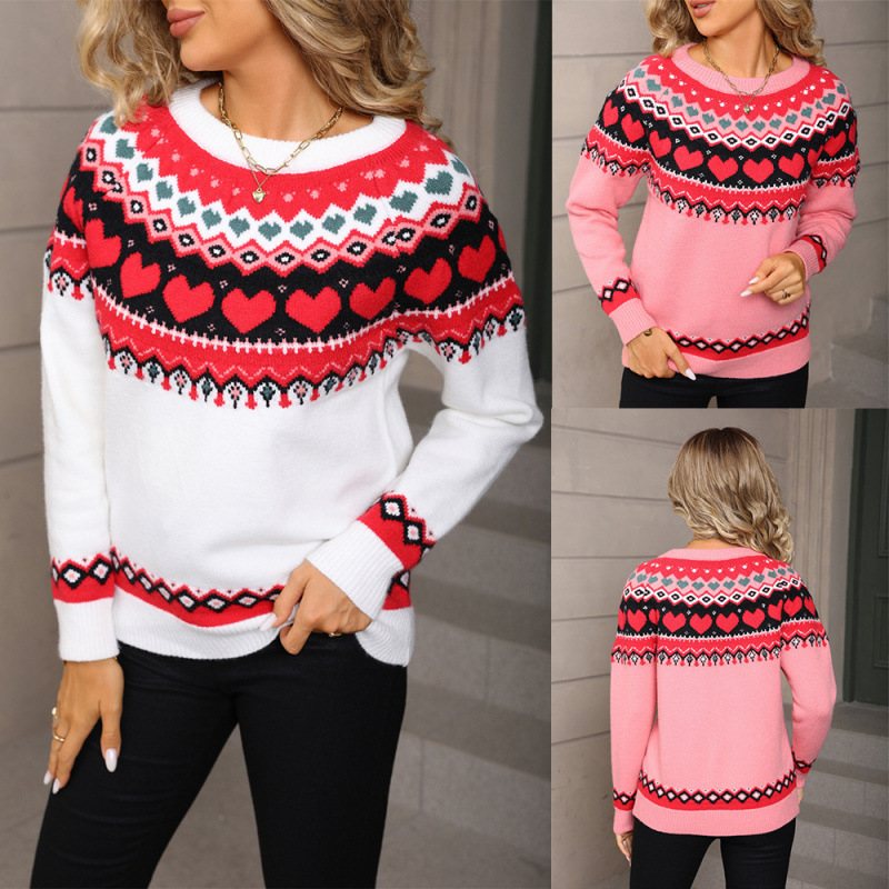 2025 Winter New European and American Cross-Border Women's Heart Sweater Pullover Large Size Christmas Casual Jacquard Knitwear Trendy