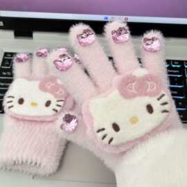 可爱毛绒绒带钻kitty女冬季美甲手套ins防冻多巴胺全包分指手套