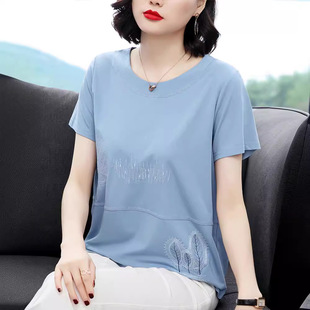 2024 Summer New Style Mom Pure Cotton Short-sleeved T-shirt for Women Loose Large Size T-shirt Middle-aged and Elderly Style Half-sleeved Top