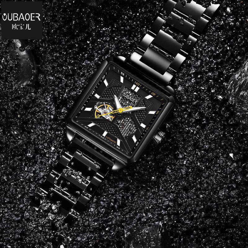 Oubaoer reloj mecánico automático reloj de hombre de moda hueco impermeable banda de acero reloj cuadrado 2003A