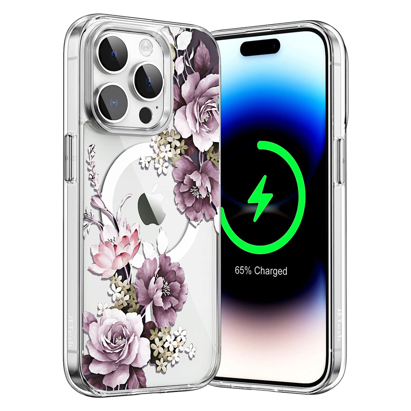 magsafe magnetic Apple 16 mobile phone case for iphone14 dark purple flowers 16promax protective cover 13p