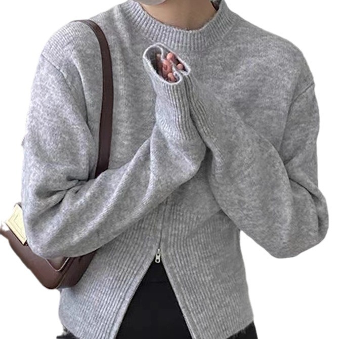 Women's Clothing Autumn and winter Korean split short sweater for women, design niche French top with round neck pullover sweater_voghion.com