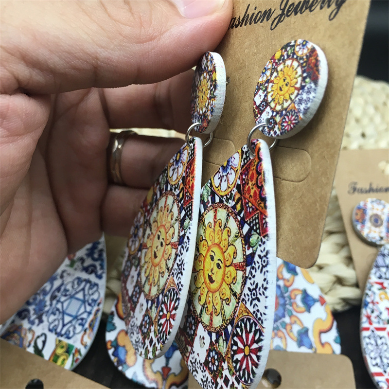 Drop Earrings Classification 1 Pair Quantity Bohemian Printing Water Droplets Wood Women's Drop Earrings 1 Pair