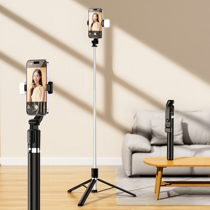 卸売携帯電話用自撮り棒、美顔ライト付き、ミニ回転式スタンド、Bluetoothスマート撮影、ライブ配信、縦向き撮影|undefined