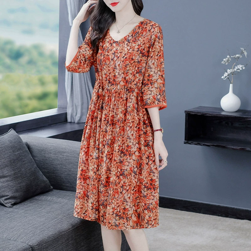 Элегантное летнее приталенное платье для мамы во французском стиле, облегающее платье с короткими рукавами, платье больших размеров с цветочным принтом, одежда для женщин среднего возраста
