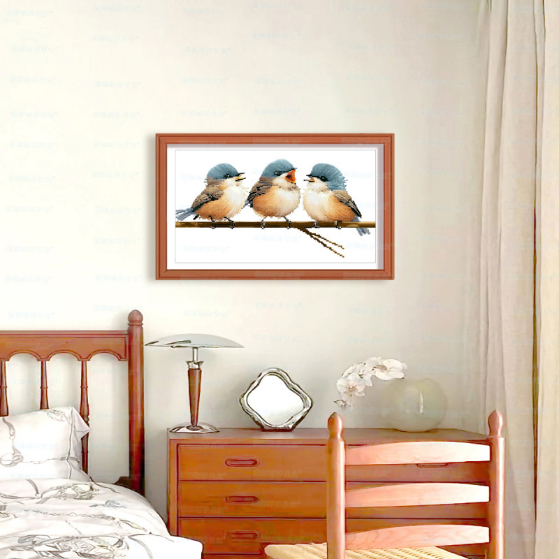 Mona Lisa Real bordado cruzado tres pájaros nuevo estilo moderno minimalista decoración de la sala de estar de animales colgando bordado de hilo hecho a mano image 4