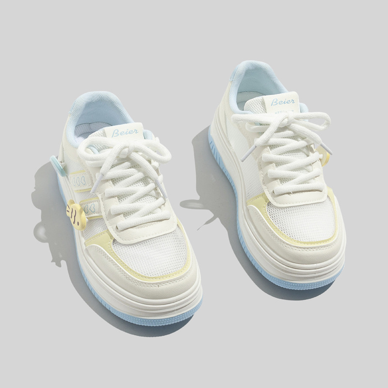 Korean Style Blue Thick-Soled Mesh White Sneakers for Women 2026 Spring New Versatile Casual Cute Fish Breathable Sneakers