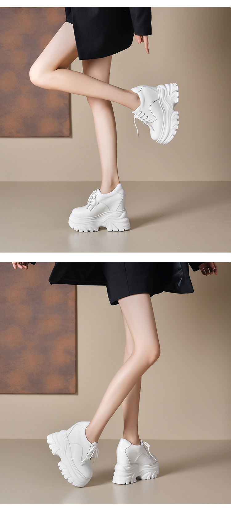 Giày sneaker nữ đế dày tăng chiều cao 12cm dây buộc da thật — Màu đen chi tiết 2