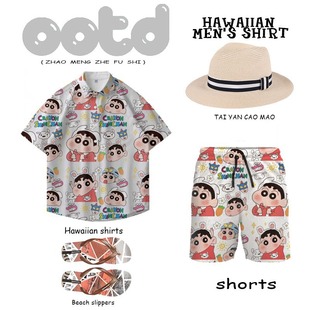 Japanese Anime Seaside Beach Hawaiian Flower Shirt Suit Men's Summer Short-Sleeved Vacation Shirt Set for Couples