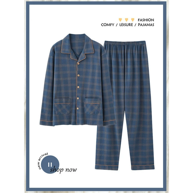 Пижамы из чистого хлопка, мужские весенне-осенние костюмы с длинными рукавами, тонкая клетчатая одежда из чистого хлопка, большой размер, которую можно носить вне дома, мужская одежда