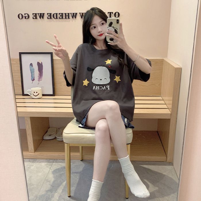 Venta al por mayor transfronteriza verano nuevo estilo cuello redondo pijamas estampados de dibujos animados pantalones cortos de manga corta para mujer