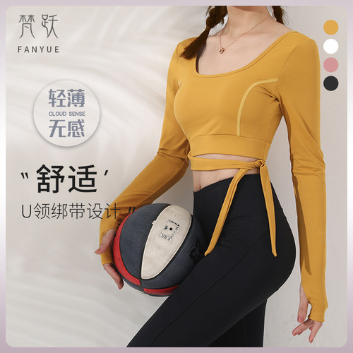 Vinyasa Multisize Band Bodycon Tight Sports Bra Padded Long Sleeve Yoga Top Women Influencer Fitness Outfit U-Neck Fitness T-Shirt