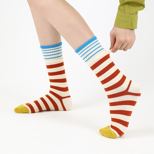 Brand Street Trend Colorful Striped Cotton Socks Women's Fashion Contrast Color Double-Rooked Cotton Student Mid-Tube Socks