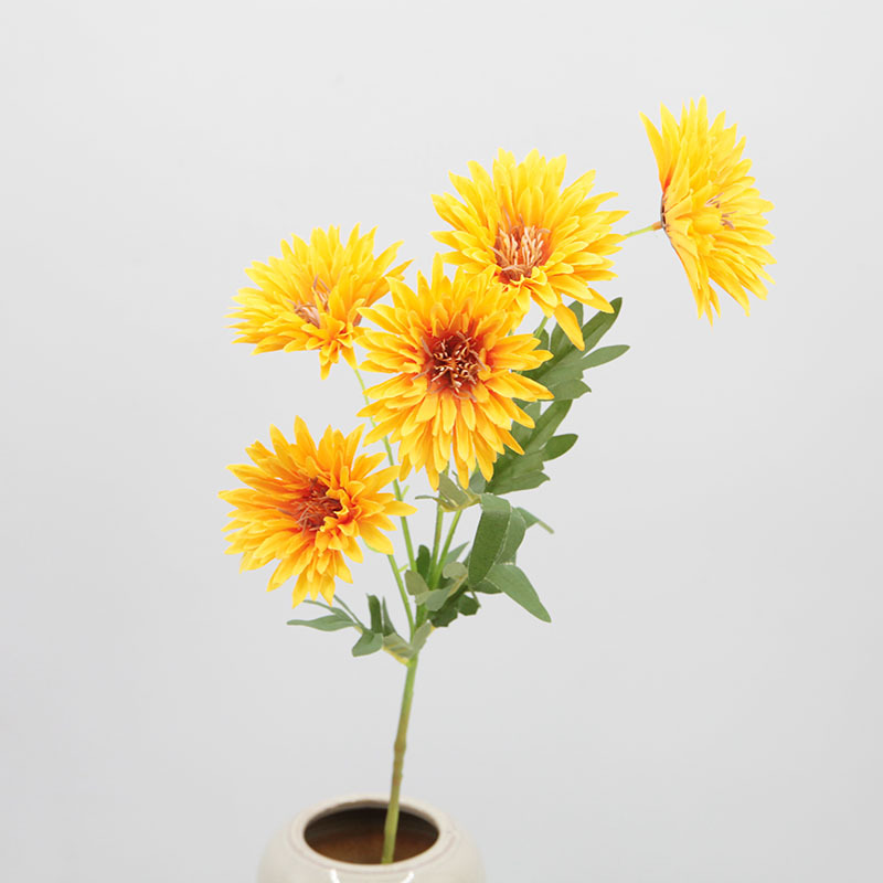 Flor de crisantemo artificial con 5 cabezas, tallo único, crisantemo tipo girasol, decoración para bodas, crisantemo artificial, accesorio para fotografía, venta al por mayor de flores artificiales.