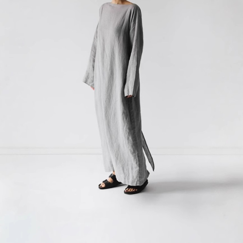 2025 Amazon new cotton and linen dress long sleeve collar lace-up dress