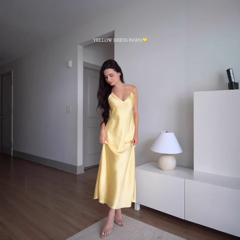 Yellow Satin Sleeveless Adjustable Strap Backless Midi Dress Foreign Trade Cross-Border European and American Aliexpress Hot Style