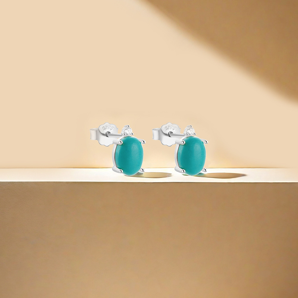 1 Paire Style Simple Rond Ovale Placage Incruster Argent Sterling Turquoise Boucles D'Oreilles display picture 17