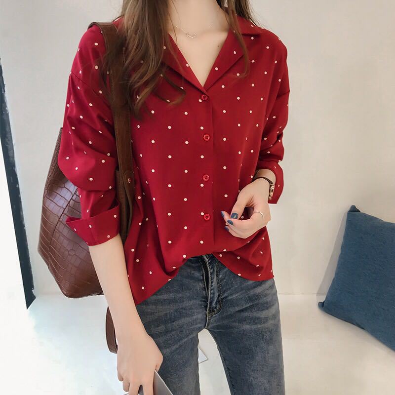 2025 Early Spring Plus Size Women's New Hong Kong Style Polka Dot Print Chiffon Shirt Women's Long-Sleeved Top Korean Style Bottoming Shirt 2025 Early Spring Plus Size Women's New Hong Kong Style Polka Dot Print Chiffon Shirt Women's Long-Sleeved Top Korean Style Bottoming Shirt