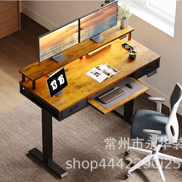 Electric Standing Desk with Drawers and Keyboard Tray, Height Adjustable Gaming E-Sports Desk with Light Source