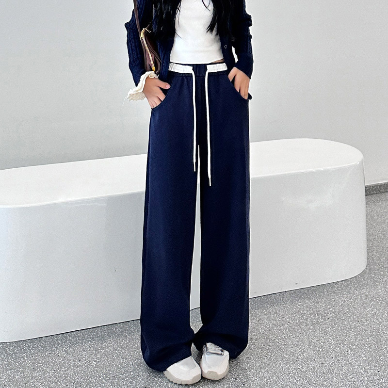 藏青双色腰直筒裤女长裤2026秋季新款设计感垂感休闲阔腿运动裤女