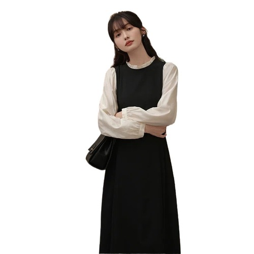 French-style color-blocked two-piece long-sleeve tie-dress mid-length autumn/winter versatile long dress